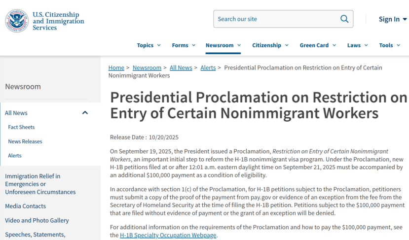 美國(guó)發(fā)布指南，明確10萬美元H-1B費(fèi)用適用與豁免范圍